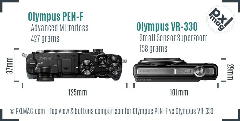 Olympus PEN-F vs Olympus VR-330 top view buttons comparison