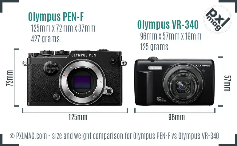 Olympus PEN-F vs Olympus VR-340 size comparison