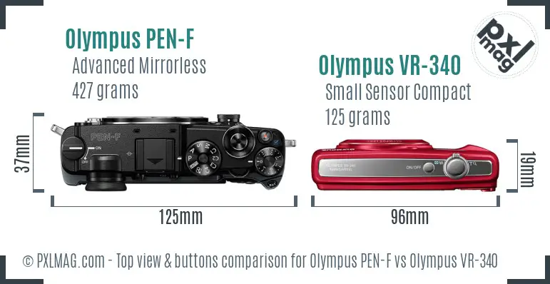 Olympus PEN-F vs Olympus VR-340 top view buttons comparison