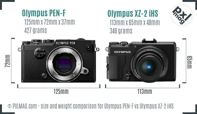 Olympus PEN-F vs Olympus XZ-2 iHS size comparison