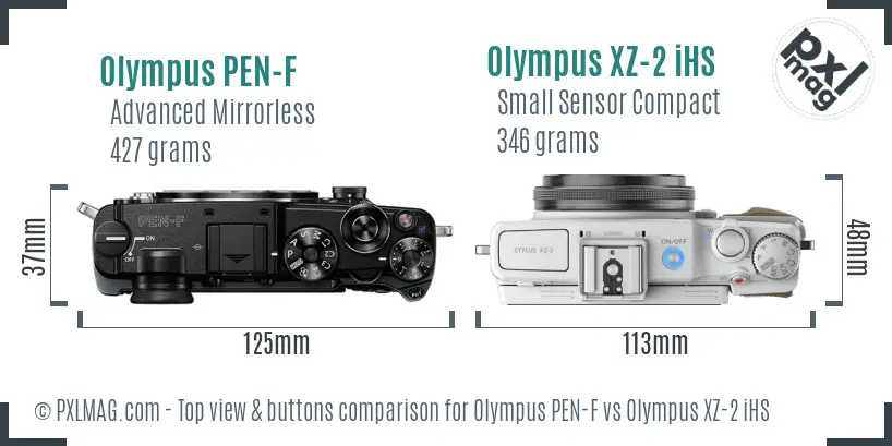 Olympus PEN-F vs Olympus XZ-2 iHS top view buttons comparison
