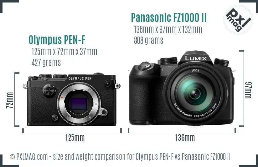 Olympus PEN-F vs Panasonic FZ1000 II size comparison