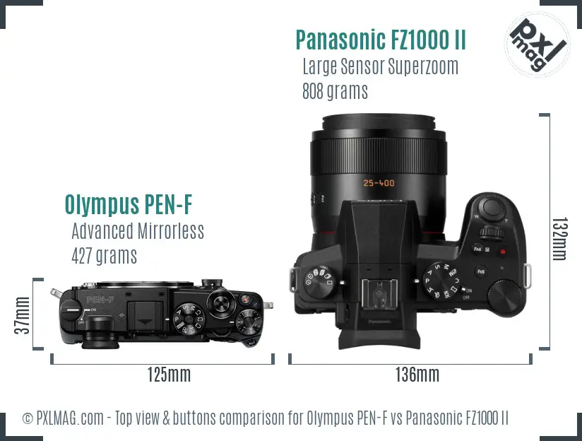 Olympus PEN-F vs Panasonic FZ1000 II top view buttons comparison