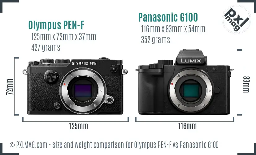 Olympus PEN-F vs Panasonic G100 size comparison