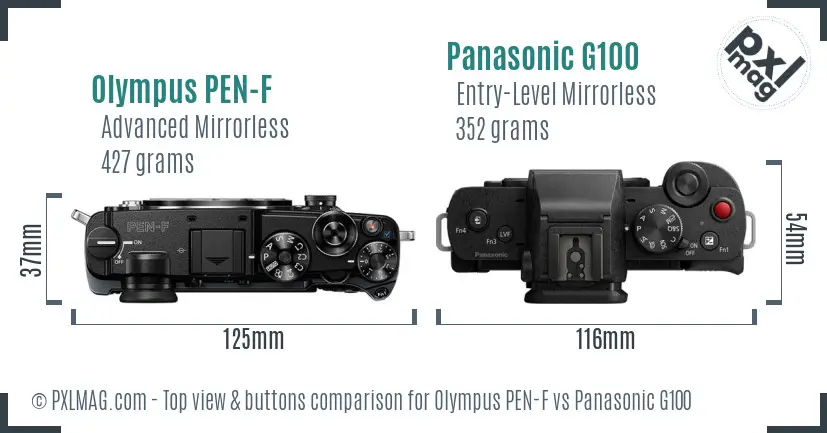 Olympus PEN-F vs Panasonic G100 top view buttons comparison