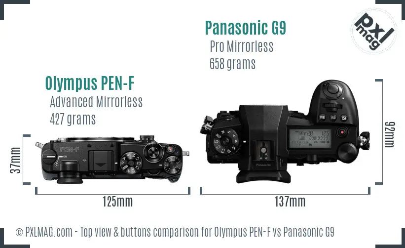 Olympus PEN-F vs Panasonic G9 top view buttons comparison
