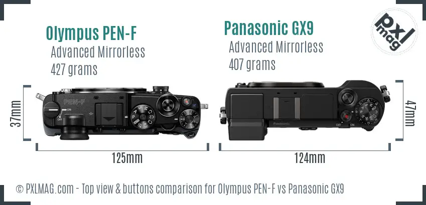 Olympus PEN-F vs Panasonic GX9 top view buttons comparison