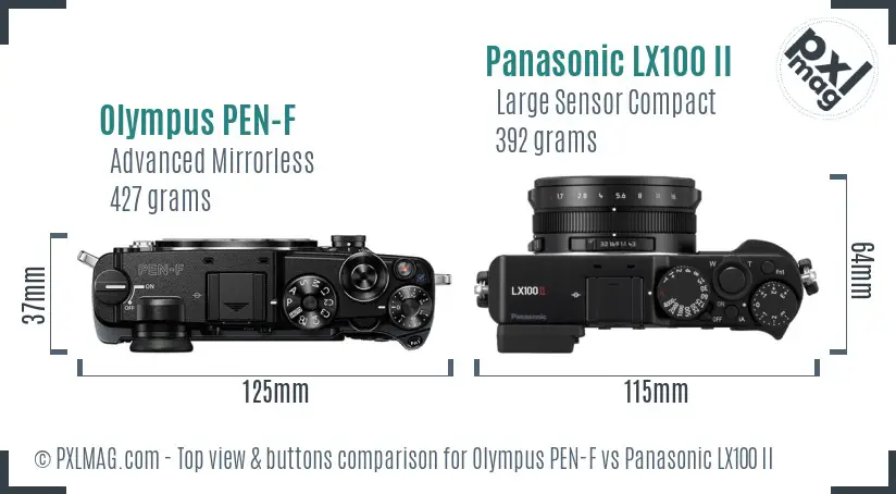 Olympus PEN-F vs Panasonic LX100 II top view buttons comparison