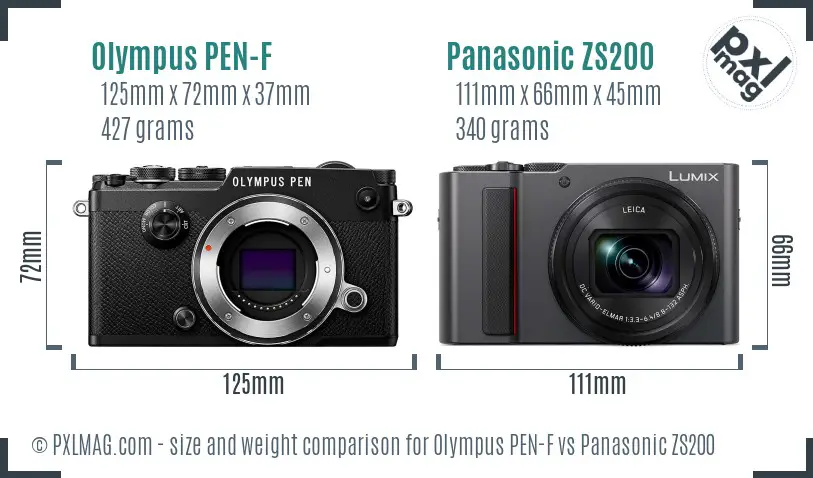 Olympus PEN-F vs Panasonic ZS200 size comparison
