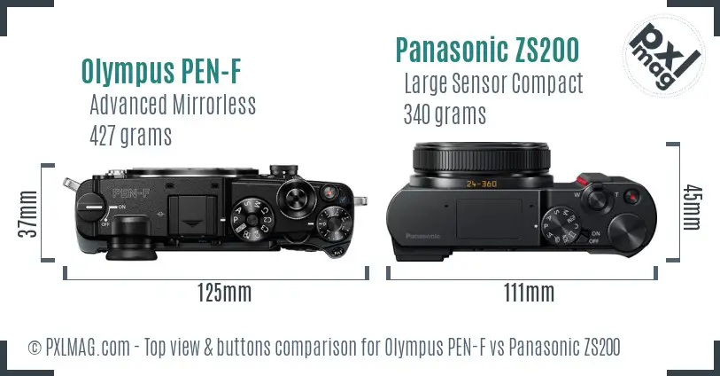 Olympus PEN-F vs Panasonic ZS200 top view buttons comparison