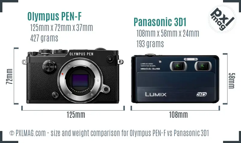 Olympus PEN-F vs Panasonic 3D1 size comparison