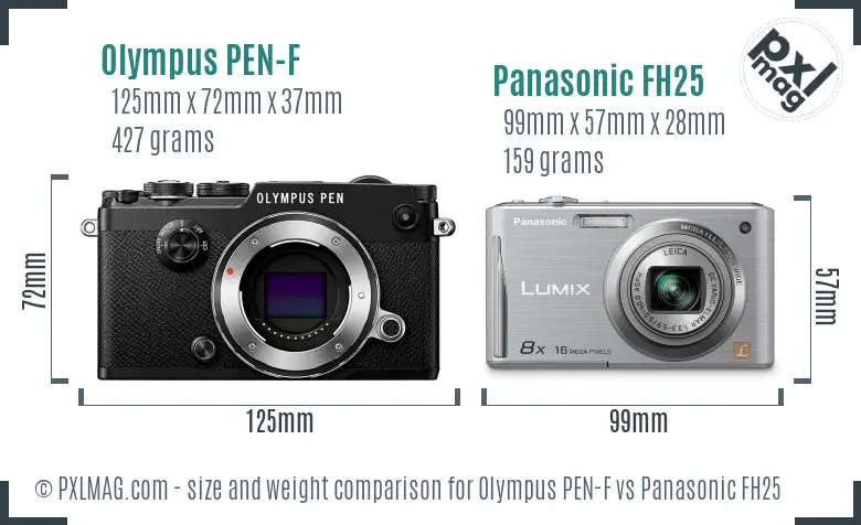 Olympus PEN-F vs Panasonic FH25 size comparison