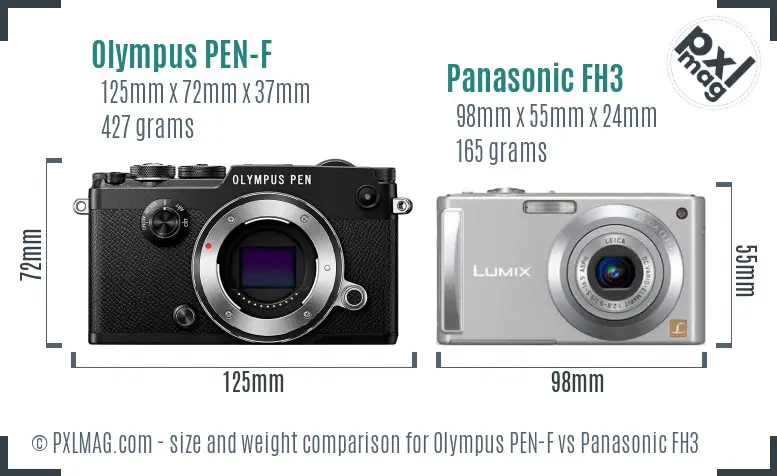 Olympus PEN-F vs Panasonic FH3 size comparison