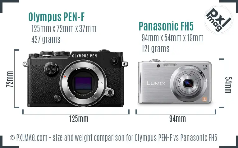 Olympus PEN-F vs Panasonic FH5 size comparison