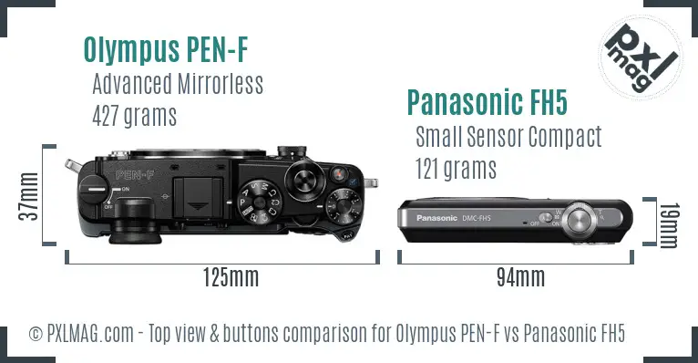 Olympus PEN-F vs Panasonic FH5 top view buttons comparison