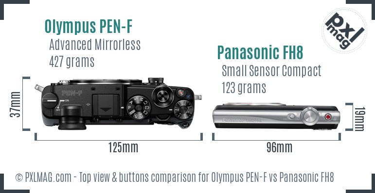Olympus PEN-F vs Panasonic FH8 top view buttons comparison