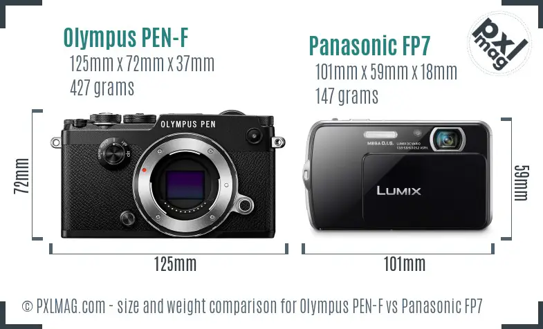 Olympus PEN-F vs Panasonic FP7 size comparison