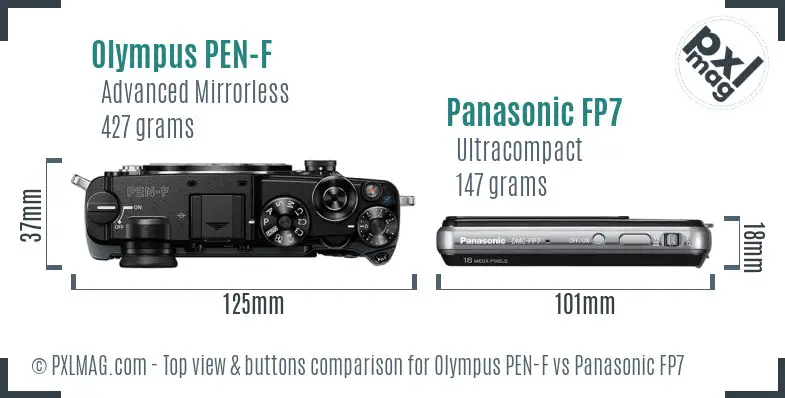 Olympus PEN-F vs Panasonic FP7 top view buttons comparison
