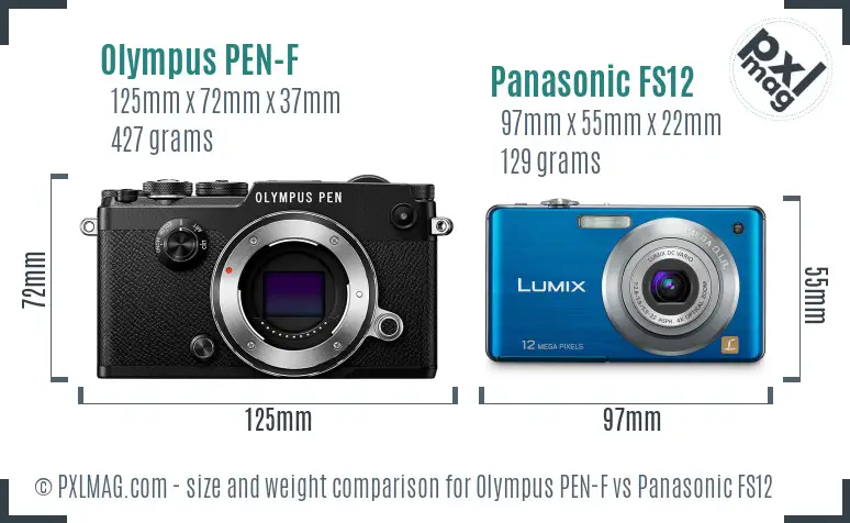Olympus PEN-F vs Panasonic FS12 size comparison