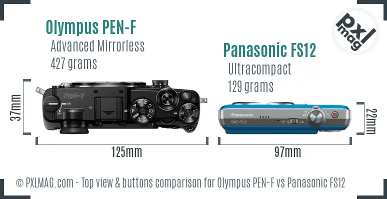 Olympus PEN-F vs Panasonic FS12 top view buttons comparison