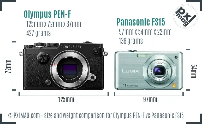Olympus PEN-F vs Panasonic FS15 size comparison