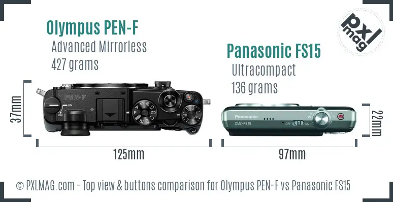 Olympus PEN-F vs Panasonic FS15 top view buttons comparison