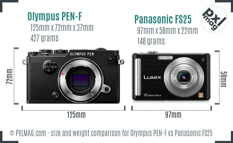 Olympus PEN-F vs Panasonic FS25 size comparison