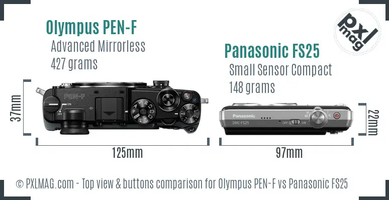 Olympus PEN-F vs Panasonic FS25 top view buttons comparison