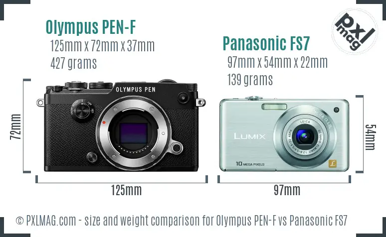 Olympus PEN-F vs Panasonic FS7 size comparison