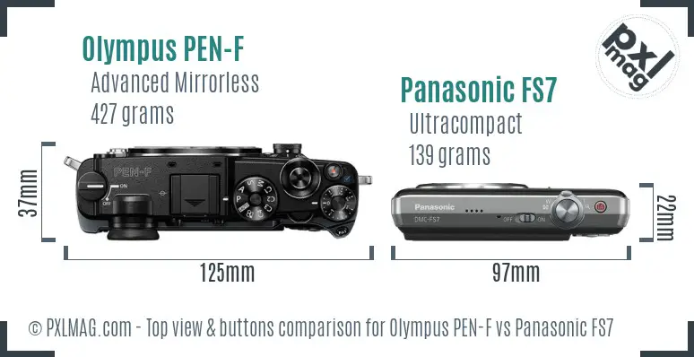 Olympus PEN-F vs Panasonic FS7 top view buttons comparison