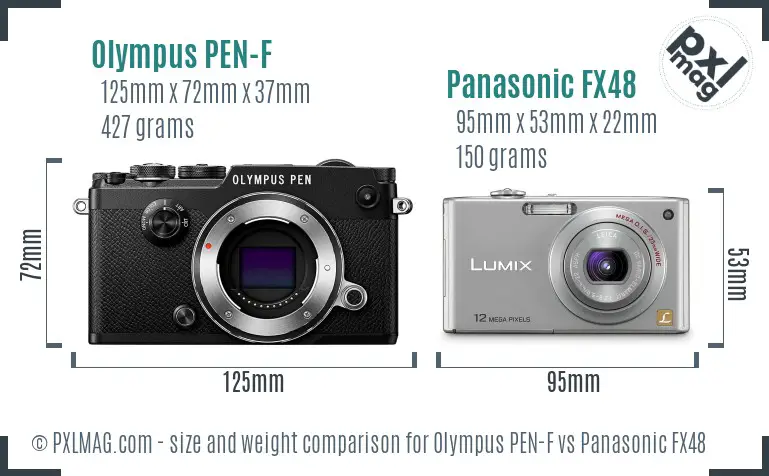 Olympus PEN-F vs Panasonic FX48 size comparison