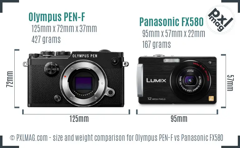 Olympus PEN-F vs Panasonic FX580 size comparison
