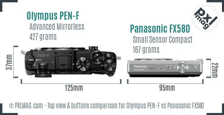 Olympus PEN-F vs Panasonic FX580 top view buttons comparison