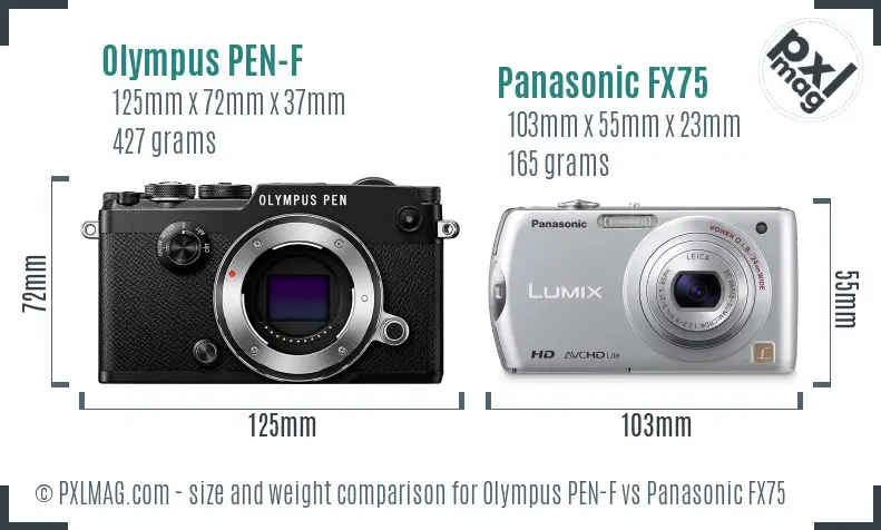 Olympus PEN-F vs Panasonic FX75 size comparison