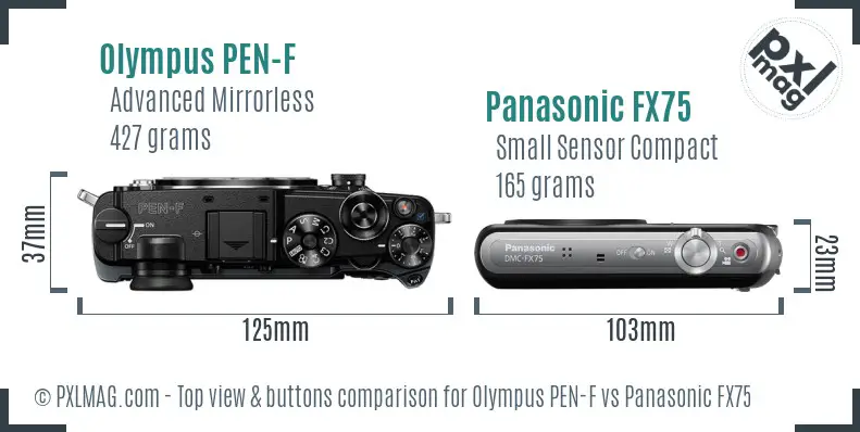 Olympus PEN-F vs Panasonic FX75 top view buttons comparison