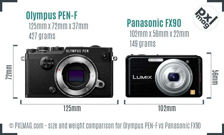 Olympus PEN-F vs Panasonic FX90 size comparison