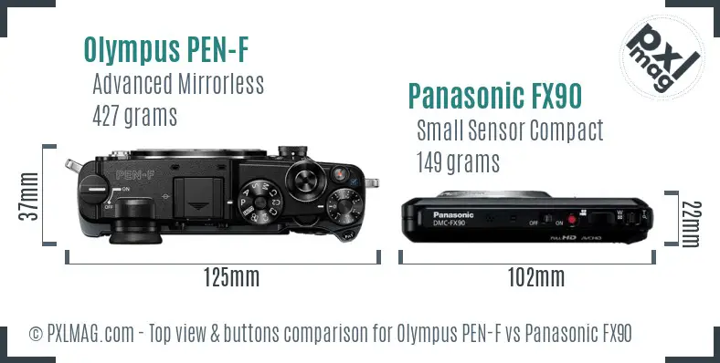 Olympus PEN-F vs Panasonic FX90 top view buttons comparison