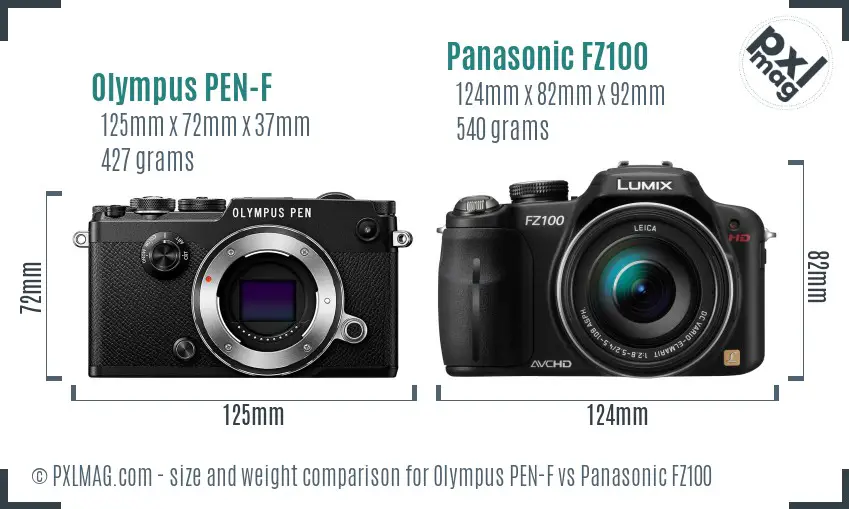 Olympus PEN-F vs Panasonic FZ100 size comparison