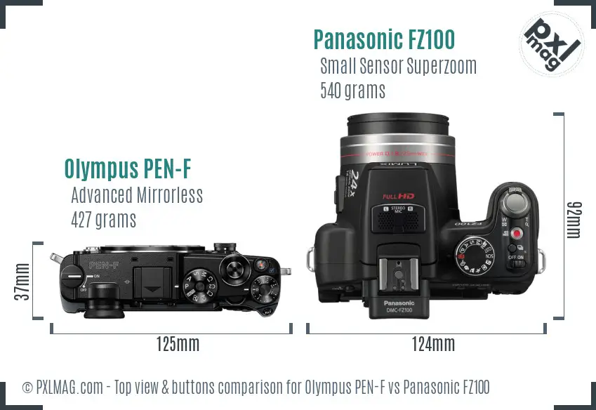 Olympus PEN-F vs Panasonic FZ100 top view buttons comparison