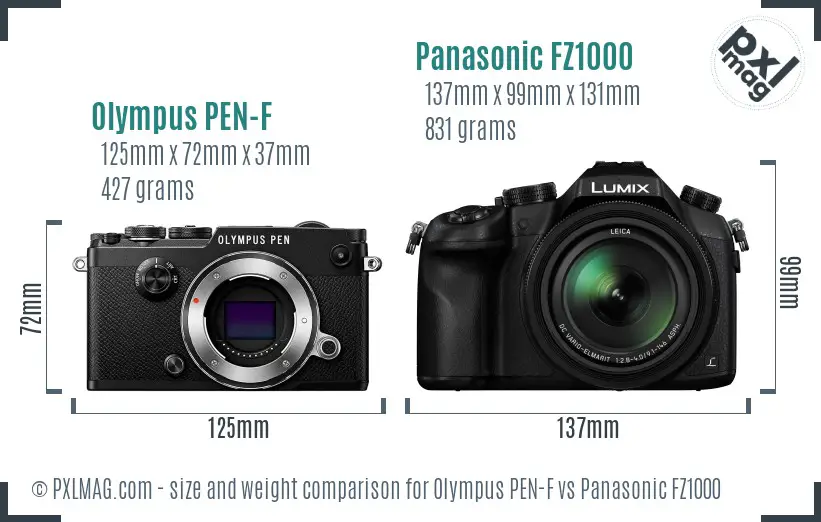 Olympus PEN-F vs Panasonic FZ1000 size comparison