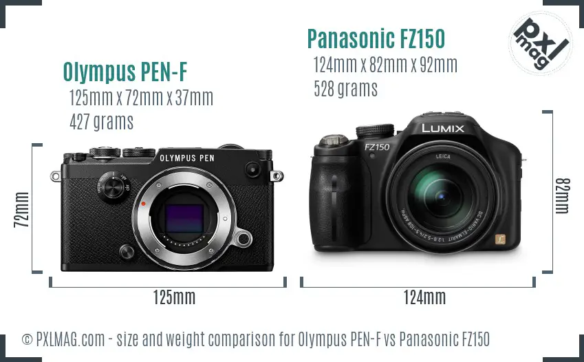 Olympus PEN-F vs Panasonic FZ150 size comparison