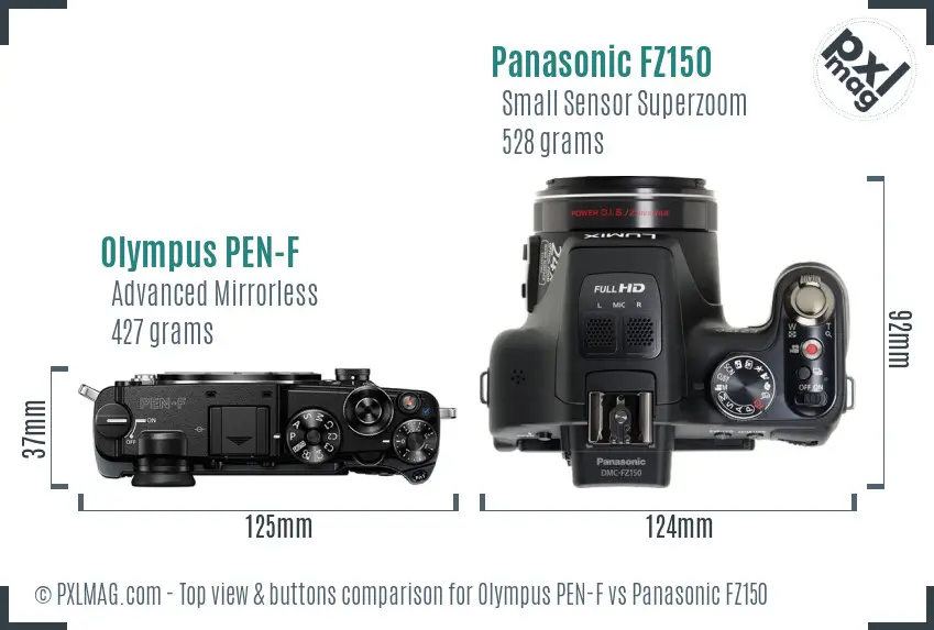 Olympus PEN-F vs Panasonic FZ150 top view buttons comparison