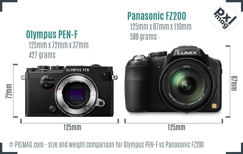 Olympus PEN-F vs Panasonic FZ200 size comparison