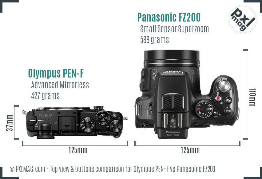 Olympus PEN-F vs Panasonic FZ200 top view buttons comparison