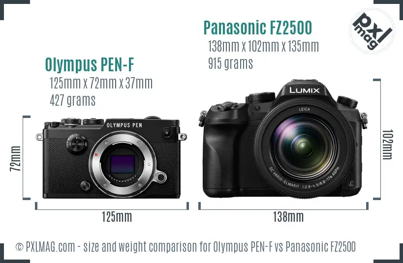 Olympus PEN-F vs Panasonic FZ2500 size comparison