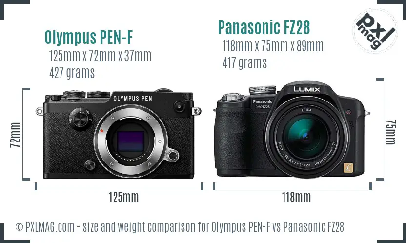 Olympus PEN-F vs Panasonic FZ28 size comparison