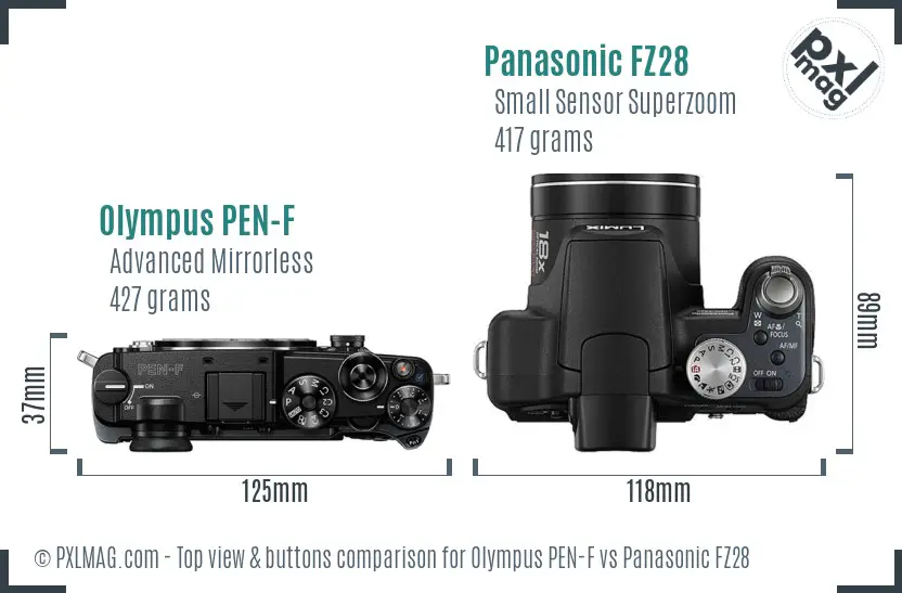 Olympus PEN-F vs Panasonic FZ28 top view buttons comparison