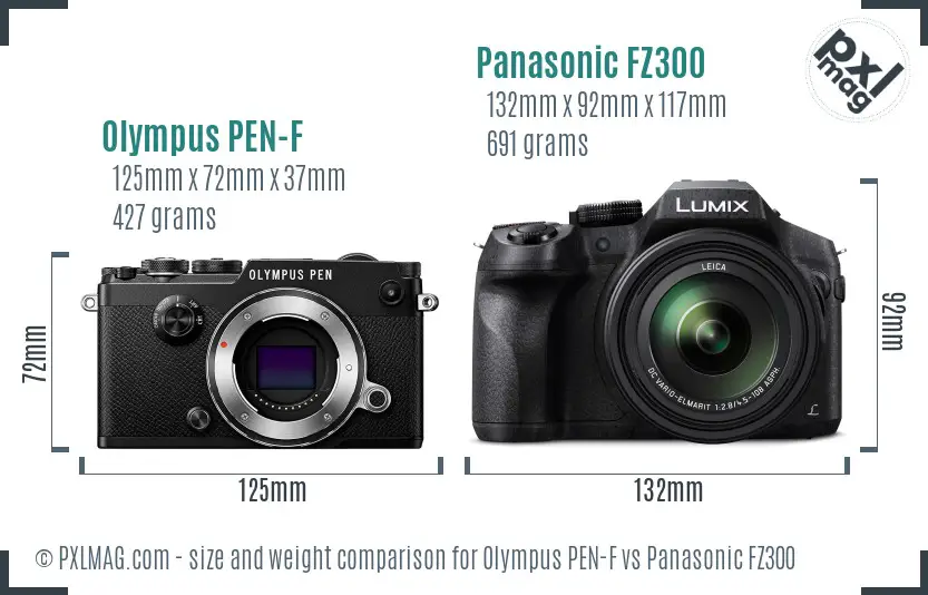 Olympus PEN-F vs Panasonic FZ300 size comparison