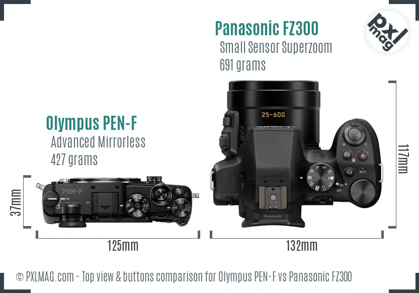 Olympus PEN-F vs Panasonic FZ300 top view buttons comparison