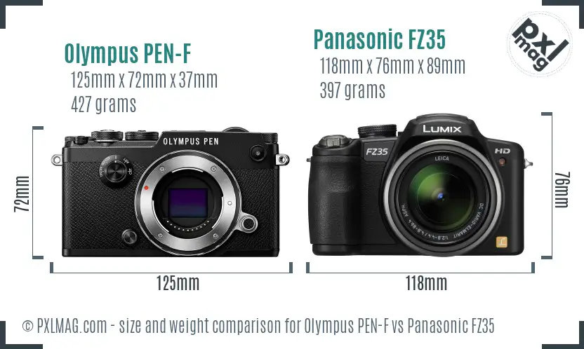 Olympus PEN-F vs Panasonic FZ35 size comparison